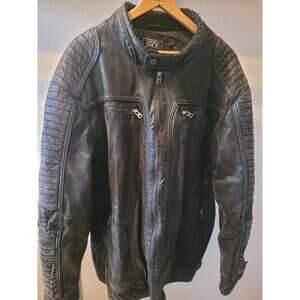 Buckle Black Faux Leather Moto Jacket Men’s 3XL Quilted Lining Distressed Black